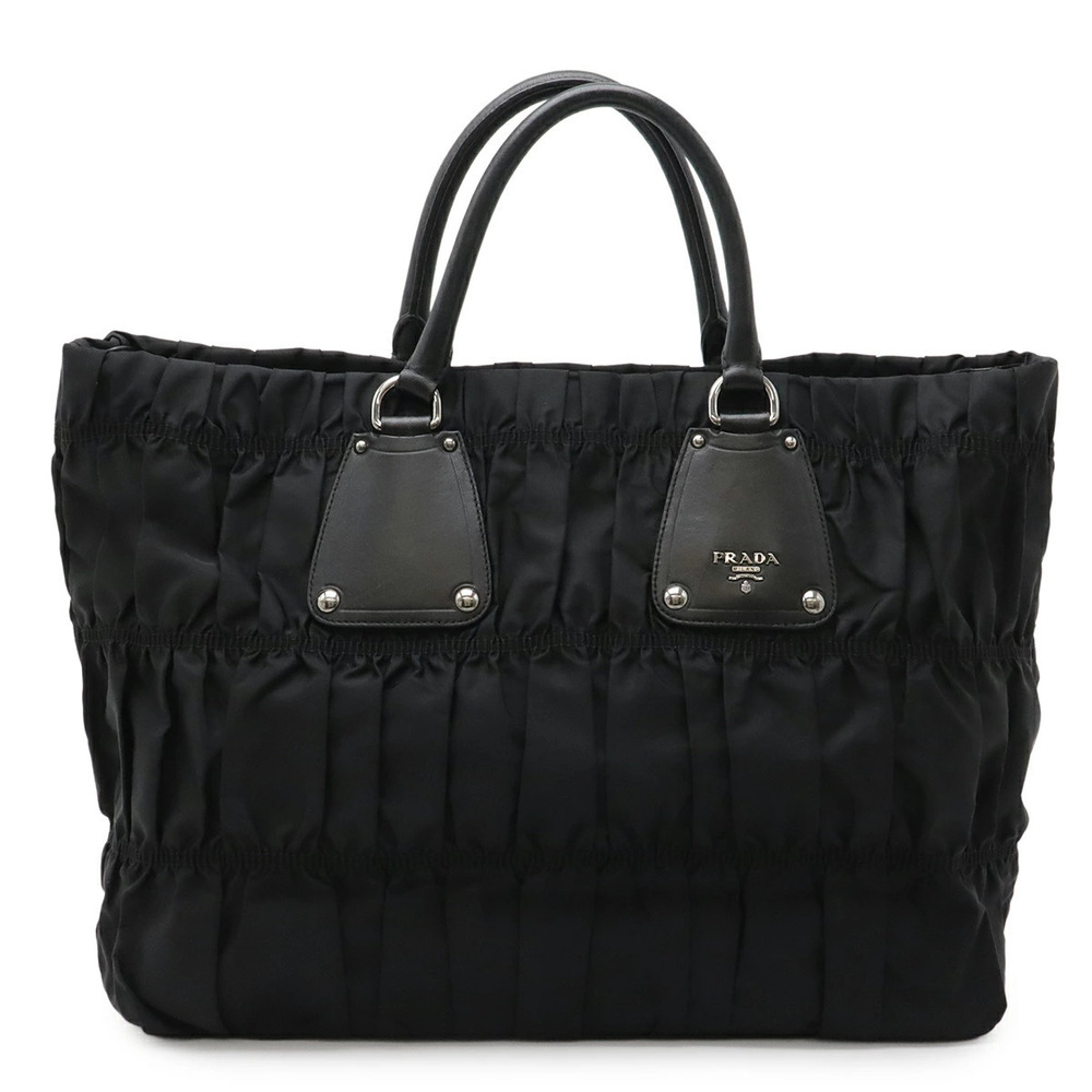 Prada Gathered Tote Bag Handbag Leather NERO Black